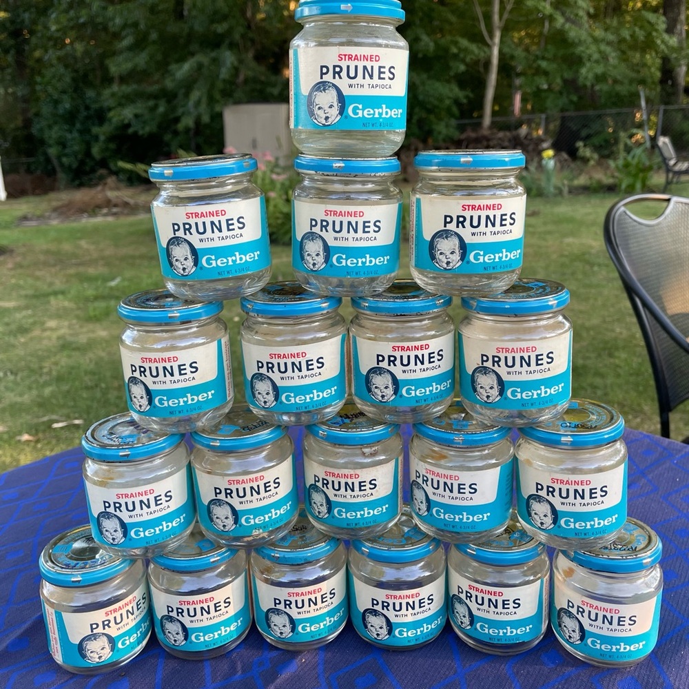 Vintage Gerber Junior Dinner Baby Food Jars - Red and Blue Labels. From the 70’s